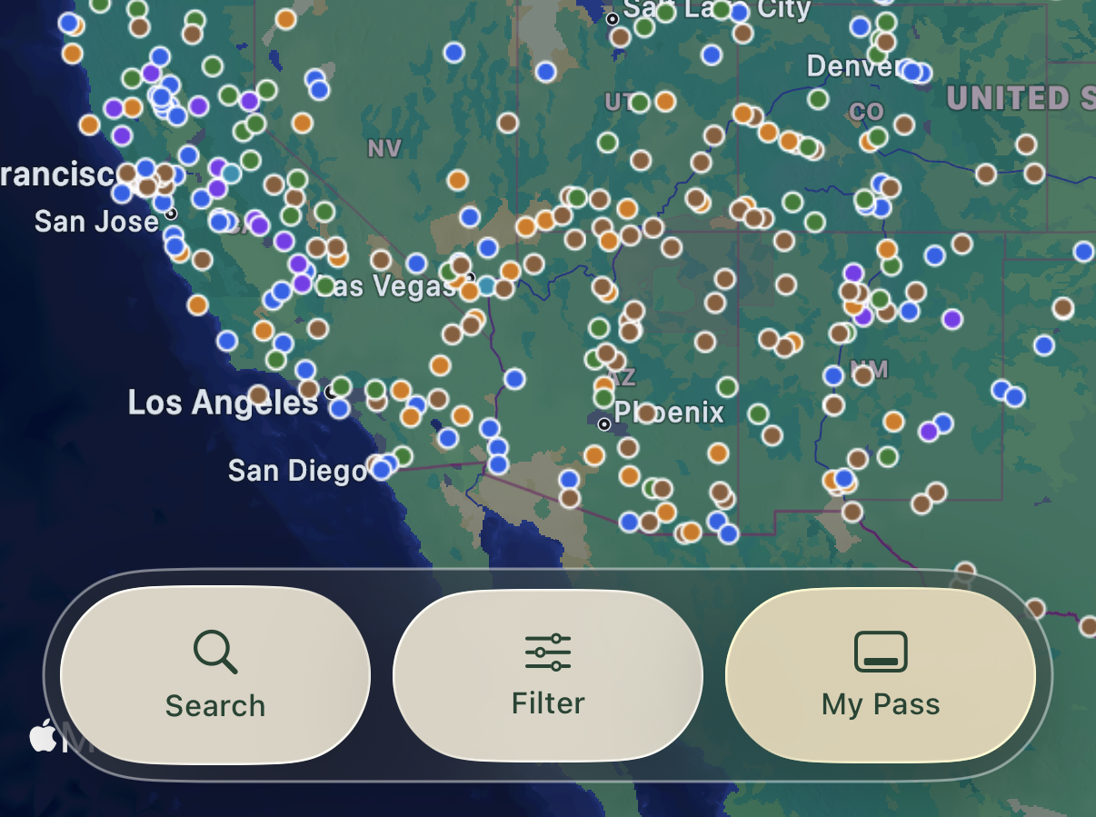 America the Beautiful pass map showing federal recreation sites in the ATB Atlas iOS app