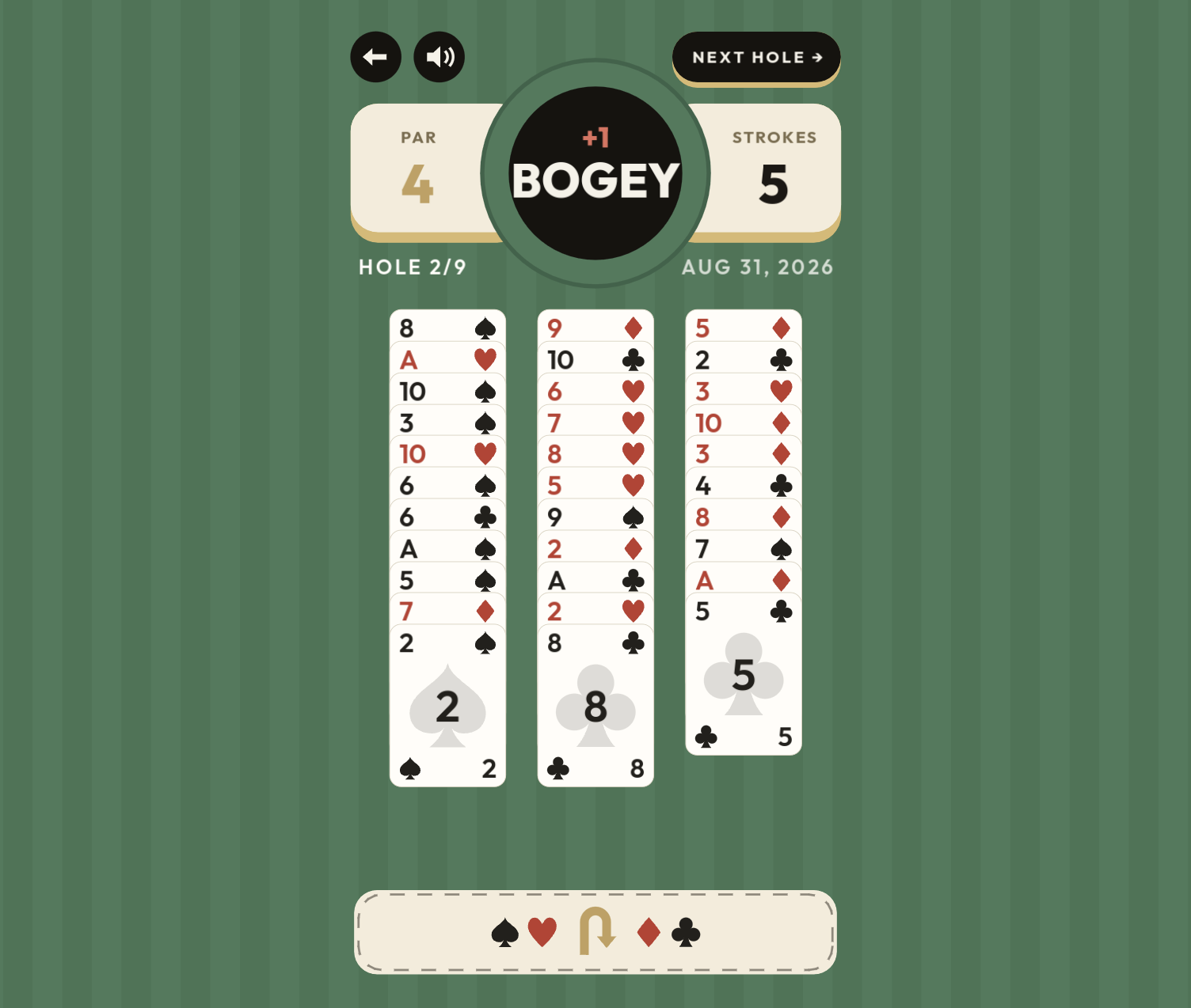 Mini Golf Solitaire showing three card columns with a par and strokes scoreboard