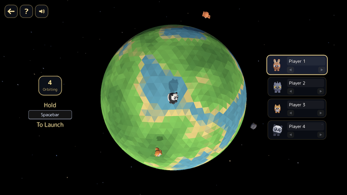 Moonimals showing cute pixel animals orbiting a low-poly planet in space