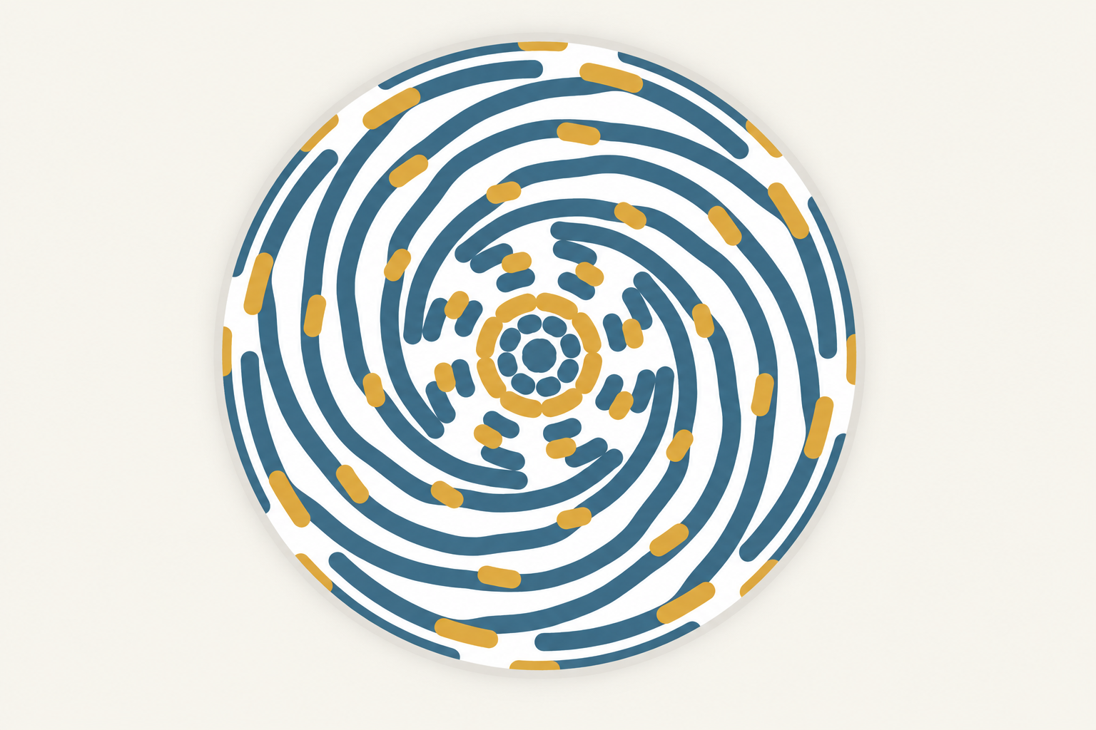 A blue-and-gold spiral drawing on Spinoodle's circular spinning canvas