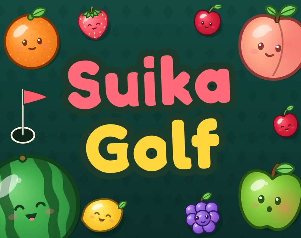 Suika Golf cover with colorful fruit surrounding the title and a golf hole flag