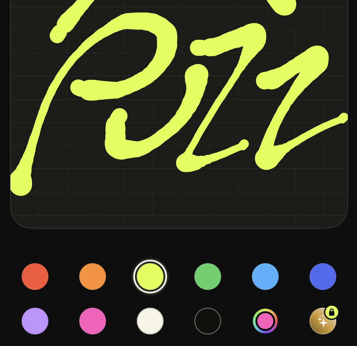 Wallaby AR graffiti app showing neon yellow paint on a dark brick wall with a color palette